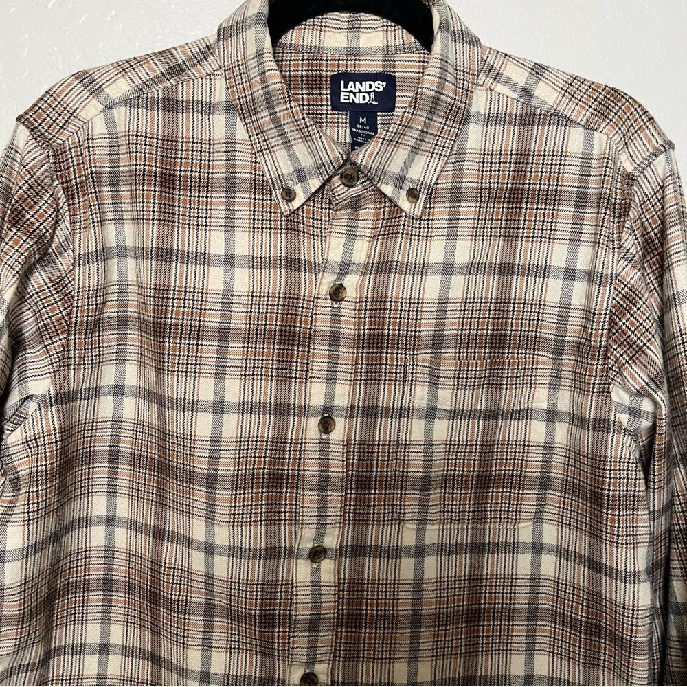 Lands End Mens Plaid Flannel Shirt Size M Beige Tan Brown 100% Cotton